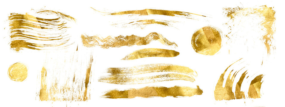 Set Watercolor gold ink, grunge, spray. Japanese style Old gold texture with gold paper particles and gold flakes that shimmer. The gold foil set the isolated PNG golt for holiday projects.