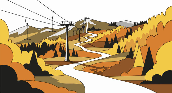 Autumn ski slope with chairlifts and colorful foliage