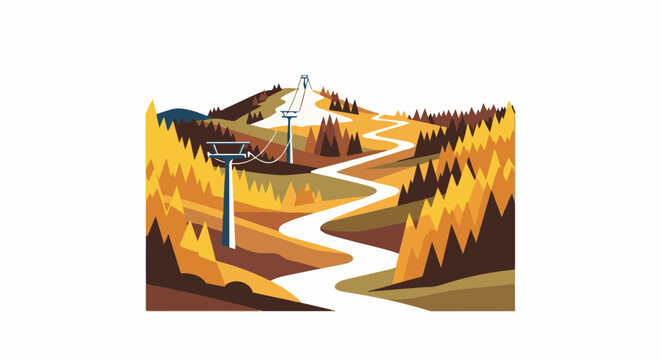 Stylized mountain ski slope with autumn trees and chairlift