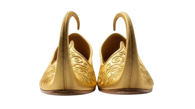 A pair of traditional golden indian mojari shoes with curled toes and intricate embossed floral patterns isolated on a black background