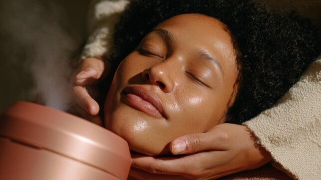 Young woman lying on her back with her eyes closed and her head resting on a white towel. she appears to be relaxed and enjoying a facial treatment.