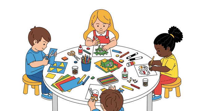 Diverse children creating art and crafts at a round table, learning and playing together.