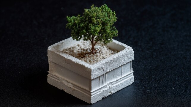 Miniature Tree in Geometric Planter: A tiny tree flourishes in a geometric planter. Capturing the interplay of nature's beauty and the structural simplicity of human design.