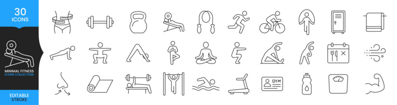 Fitness Icons Set, Gym Workout Icon Collection, Exercise Line Icons, Health Training Vector, Sports Activity Symbols, Minimal Editable Stroke Icons