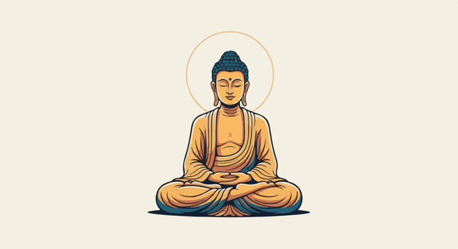 A serene figure in saffron robes sits in meditation with a soft halo