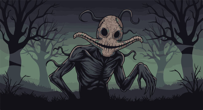 Pixelated creepy monster with stitched mask, wide grin, in dark foggy forest