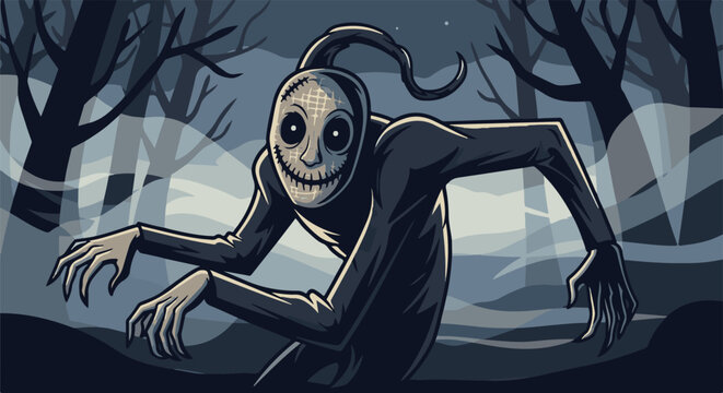 Spooky pixel art figure with stitched mask lurking in a dark forest