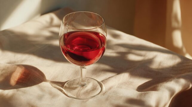 Glass of red wine on a white cloth. the glass is filled to the brim with the deep red liquid, which appears to be a type of wine.