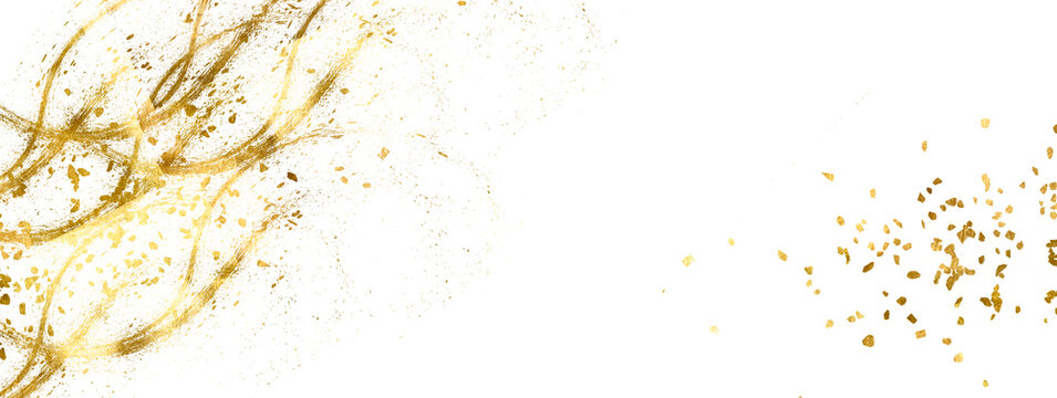 Gold leaf, brush line, Japanese style. Watercolor Gold foil pieces flake. Gold Foil Frame stroke on transparent background. Old gold texture with gold paper particles and gold flakes that shimmer. PNG