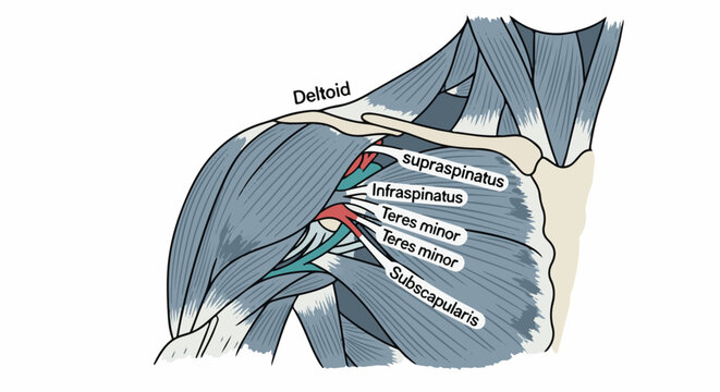 Anatomical illustration of the shoulder rotator cuff muscles and deltoid