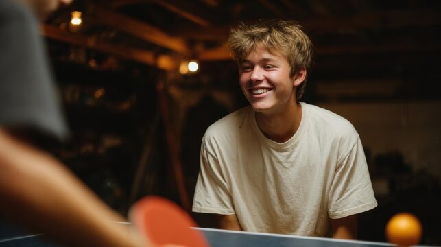 Young man playing ping pong in a dimly lit room. he is wearing a white t-shirt and has blonde hair. the man is smiling widely and appears to be enjoying himself.