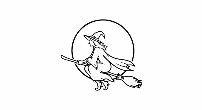 Outline drawing of a witch on a broomstick flying in front of a circle