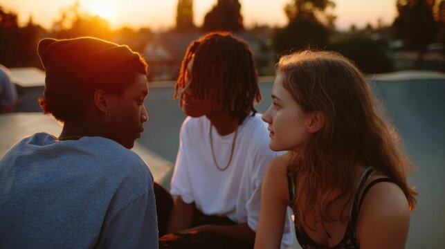 Three young people, two boys and a girl, sitting on a rooftop at sunset. they are facing each other and appear to be engaged in a conversation.