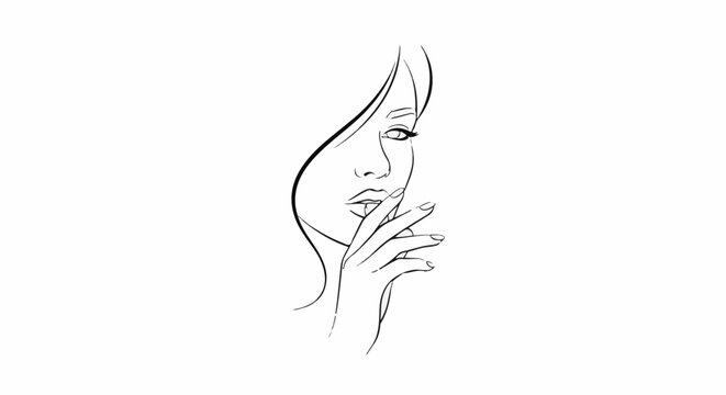Minimalist line art of a woman's face, hand touching lips, hair