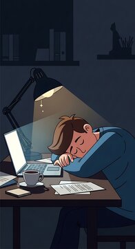 Man sleeping at desk with laptop.