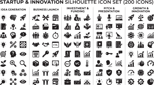 Set of 200 Startup and Innovation Silhouette Icons Vector