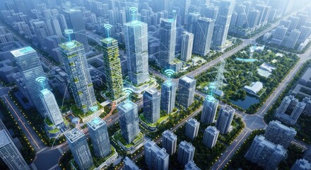 Obraz premium A breathtaking aerial view of a futuristic smart city showcasing advanced urban infrastructure with digital data networks and green spaces, connectivity, concept, future
