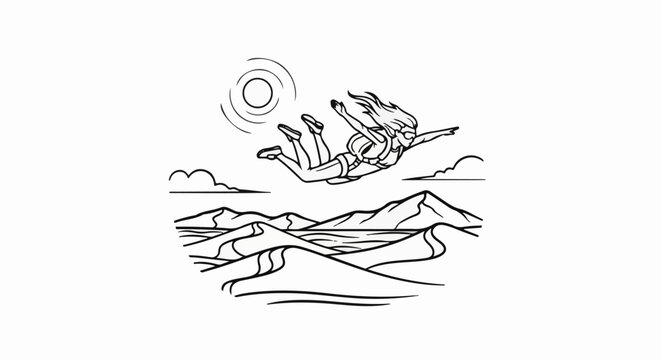 Person freefalling through clouds over sand dunes under sun