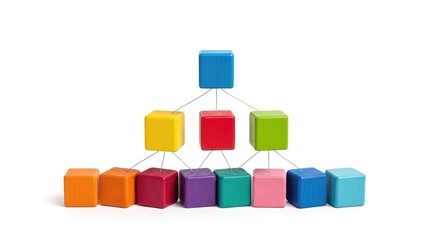 Obraz premium A clean wooden block hierarchy represents a structured professional framework where a single top element connects down to multiple rows, isolated, command, cubes