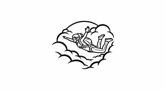 Stylized drawing of a skydiver falling amidst clouds