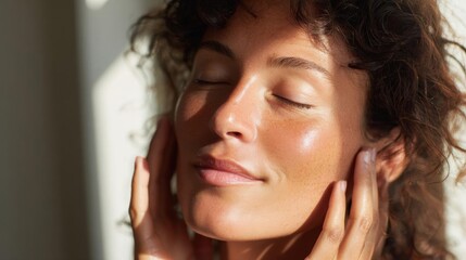 Naklejka premium Close-up portrait of a young woman with her eyes closed and her hands gently touching her face. she appears to be relaxed and enjoying the moment.
