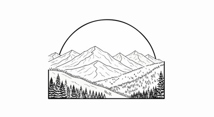 Naklejka premium Stylized black and white mountain range with a semi-circle overhead and forested foreground