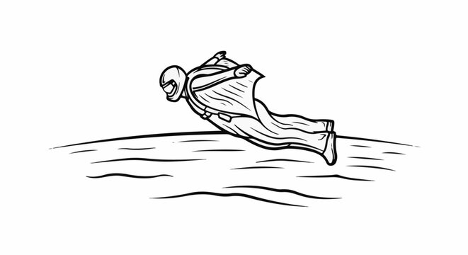 A person in a wingsuit glides horizontally over a stylized landscape