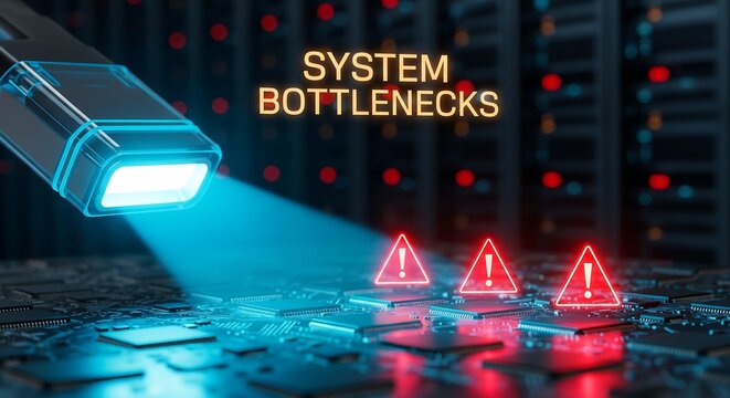Digital system bottlenecks concept with glowing data flow and warning signs