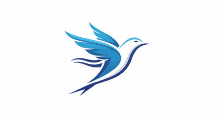 Fototapeta premium Blue and white bird in flight, graphic logo, wings spread
