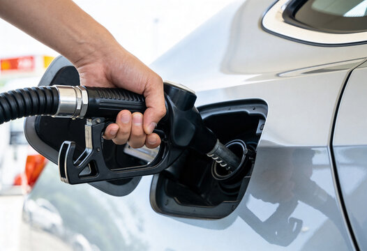 A person's hand is seen actively fueling a light-colored car at a service station, inserting the fuel nozzle into the vehicle's gas tank.