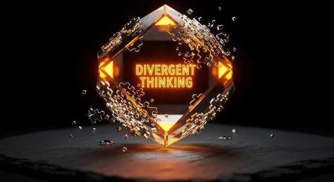 Divergent thinking concept with exploding colorful light bulb on dark stage