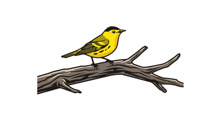Obraz premium A stylized yellow bird with black markings sits on a rough, brown branch
