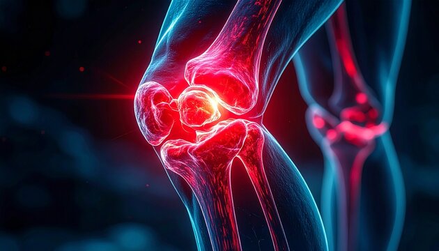Digital anatomical illustration of human knee joint, bones and ligaments detailed, glowing red inflammation effect, transparent overlay, medical visualization.