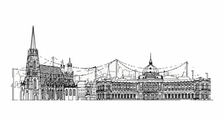 Fototapeta premium Detailed black and white sketch of a historic city skyline with Gothic and domed buildings