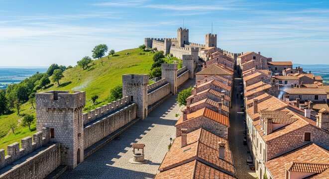 A medieval stone town perched atop a grassy hill featuring fortified walls, narrow cobblestone streets, and historic tiled roof buildings, facade, street, roof