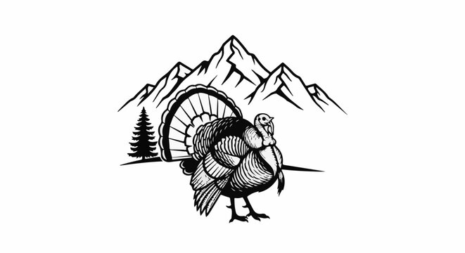 Black and white silhouette of a turkey in front of mountains and a pine tree