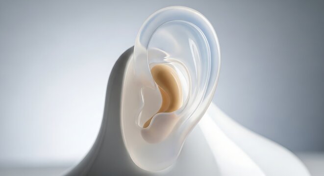 Hearing aid in human ear closeup.
