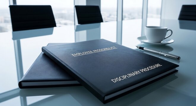 Open book with disciplinary proceeding text on wooden table in office