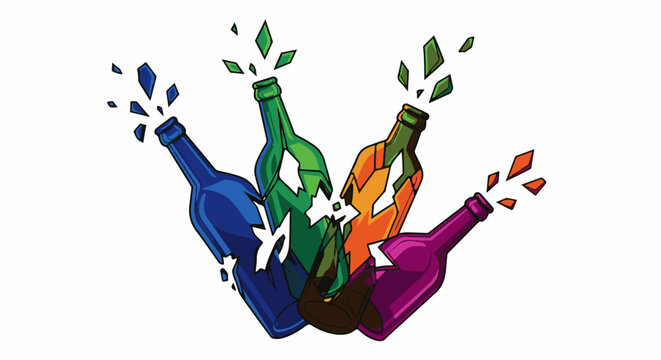 Colorful broken bottles exploding with shards and fragments