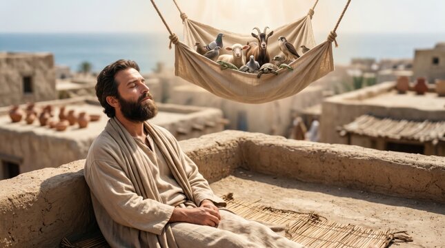 Apostle Peter experiencing a divine vision on a rooftop. Biblical scene showing a man seeing a sheet filled with various animals descending from heaven as described in Acts chapter 10.