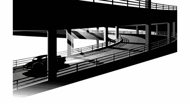 Monochromatic scene of a vintage car on a curving elevated highway underpass