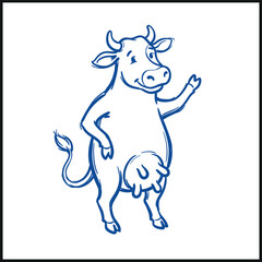Fototapeta premium Cow standing upright waving in minimalist blue line drawing with playful and friendly mood