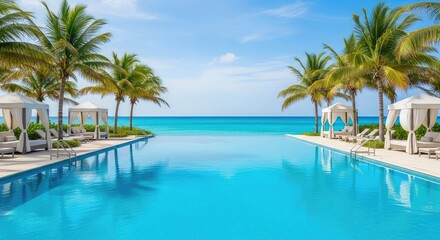 Fototapeta premium A stunning infinity pool overlooks a turquoise ocean at a high-end coastal resort, featuring lush tropical palms and elegant white cabanas, high-end, turquoise, white