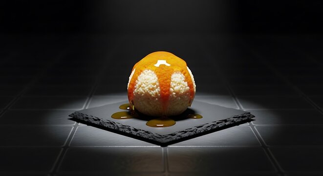 A single delicious lokma pastry ball drizzled with sweet golden syrup served on a rustic dark stone plate in a dramatic studio spotlight setting