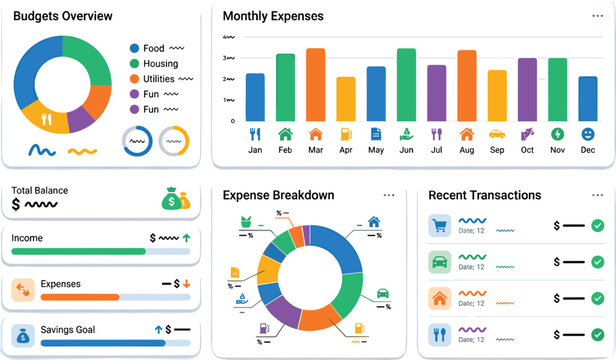 Personal finance dashboard with budget overview monthly expenses breakdown charts and transaction tracking in modern flat design
