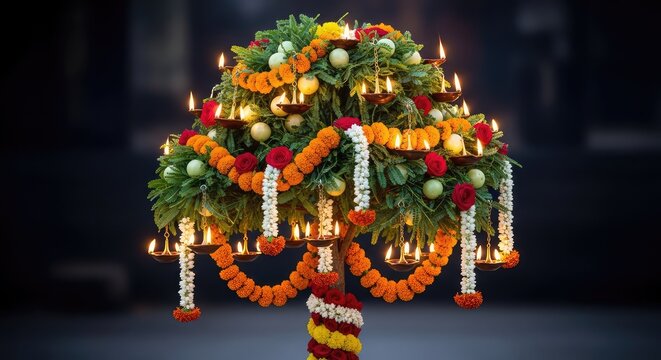 Beautifully decorated amla tree with glowing oil lamps and vibrant flower garlands celebrating a traditional and sacred seasonal festival, offering, garlands, traditional