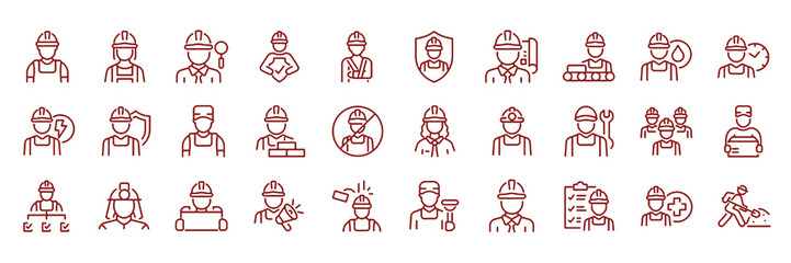 Obraz premium Set of 30 outline icons related to worker. Linear icon collection. Editable stroke. Vector illustration