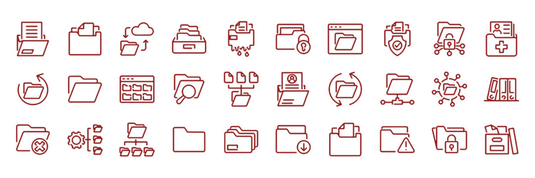 Set of 30 outline icons related to folder. Linear icon collection. Editable stroke. Vector illustration