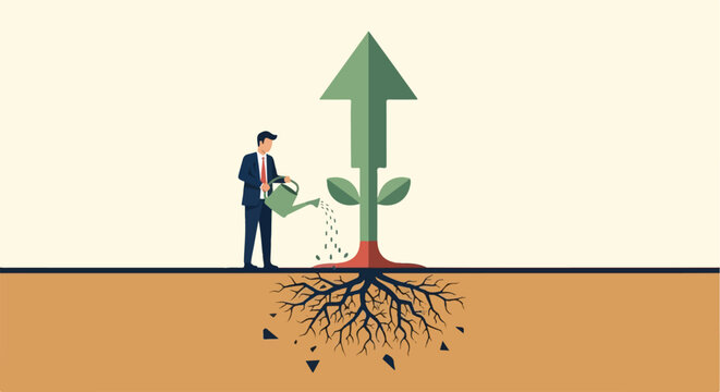 Conceptual flat vector illustration of a businessman nurturing growth with an upward arrow plant and deep roots.
