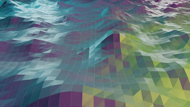 Abstract low poly landscape with blue, purple, and green geometric mountain shapes as a colorful background